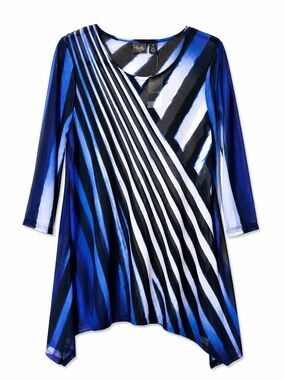Chico’s Travelers Rhapsody Mesh Top Size 1 Blue Black Abstract 3/4 Sleeve